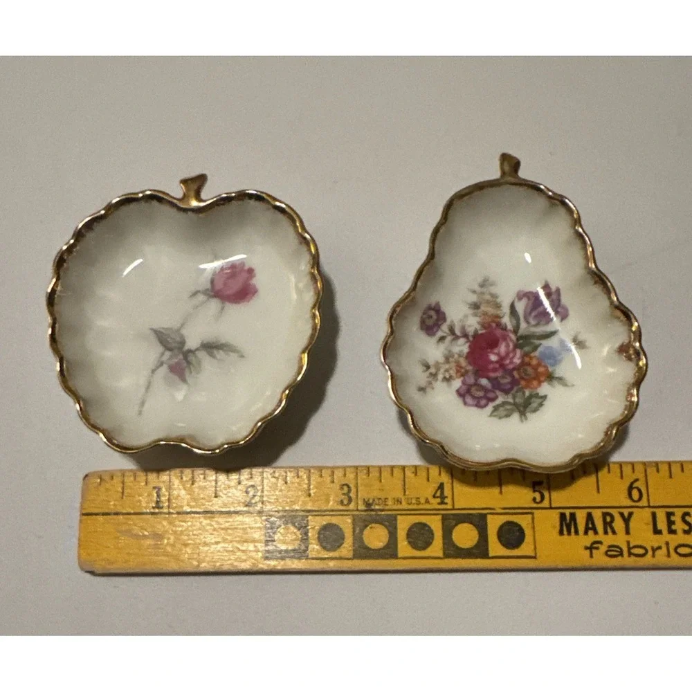 Lefton Pear/Apple‎ Tea Bag Holder Trinket Dishes Floral & Gold Trim  Japan MCM
